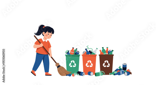 Young girl responsibly sweeping litter into colorful recycling bins to help clean the environment and promote sustainability.