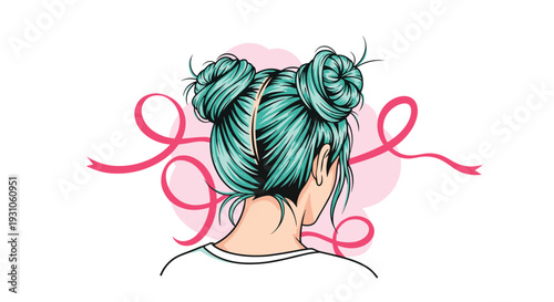 Stylish woman with teal hair styled in two space buns viewed from the back against a pink abstract cloud background.
