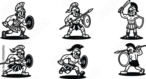Cartoon mascot vector set of six ancient greek hoplite warriors charging with spears shields and crested helmets in line art