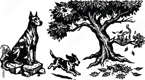 Woodcut style low angle profile dog sitting on rocks with playful puppy chasing cat under gnarled tree falling leaves ink