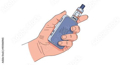 Human hand holding a modern blue electronic cigarette device for vaping, isolated on a clean white background.