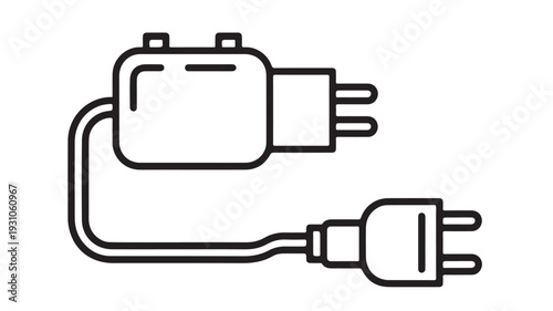 Power bank with connected plug in simple line art style on white background for tech icon
