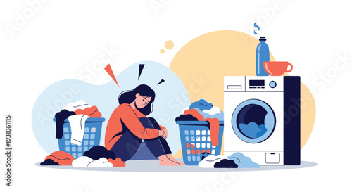 Overwhelmed woman sitting on the floor in front of a washing machine with piles of laundry and messy baskets.