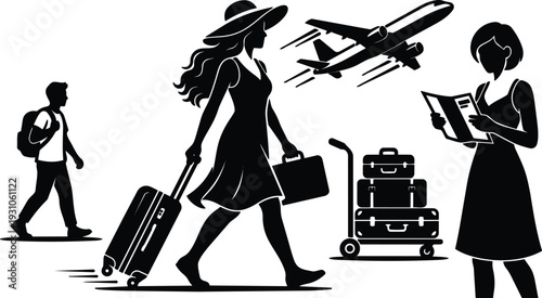 Minimalist vector silhouette woman with rolling suitcase and sun hat walking past airport trolley plane taking off man reading map