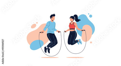 Fit man and woman in workout clothes jumping rope together for cardio exercise against a colorful abstract backdrop.