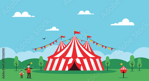 Traditional red and white striped circus tent standing in a green park field under a clear blue sky with clouds.
