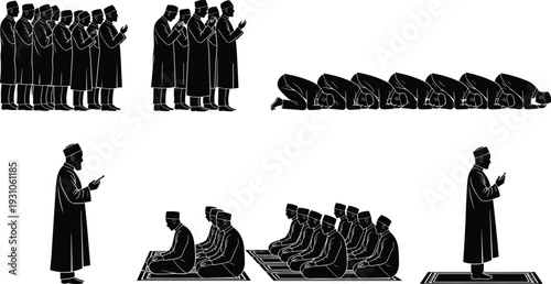 Muslim People Praying, Performing Salah, and Worshiping in Congregation, with Traditional Islamic Practices in Black and White Silhouettes