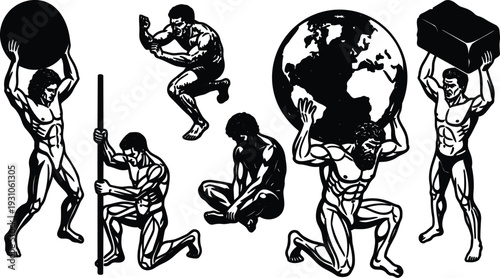 Tattoo flash style muscular atlas figures carrying globe weights and stones in varied poses high contrast vector art black white