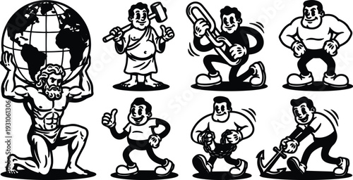Retro cartoon vector set of strongman mascots including atlas with globe hammer chain anchor thumbs up close up posed silhouette