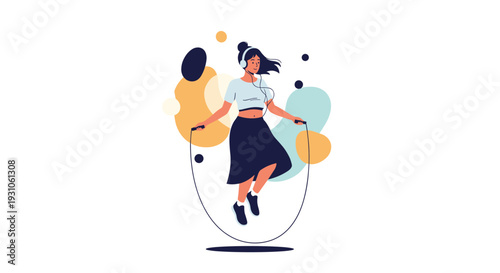 Active young woman in a skirt jumping rope while wearing headphones against a vibrant and colorful abstract background.