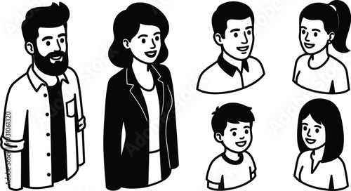 Flat design vector family avatar set six characters smiling standing looking camera diverse ages casual clothing line art minimal black