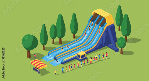 Isometric view of people having fun on a giant blue inflatable water slide in a park with trees and green grass.