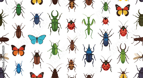 Colorful seamless pattern featuring a wide variety of detailed beetles, butterflies, and other flying insects.