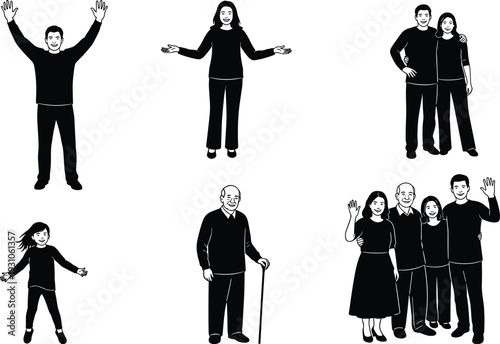 Family Members of Different Ages Celebrating Together, Waving, and Expressing Joy in Black and White Silhouettes