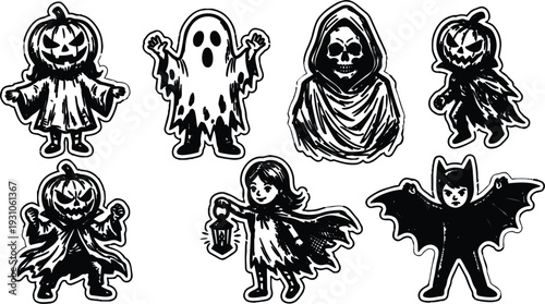 Tattoo flash black and white halloween sticker sheet with pumpkin ghost grim reaper bat girl holding lantern cute grinning portrait