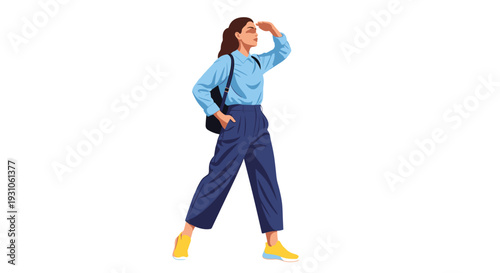 Young woman with a backpack walking and shading her eyes from the sun while looking into the distance outdoors.