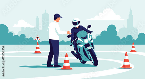 Professional motorcycle instructor teaching a student how to safely navigate a training course marked with orange cones in the city.