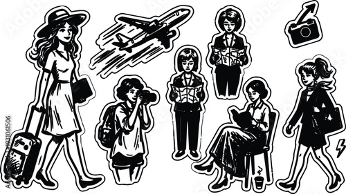 Hand drawn sticker style travel women set showing traveler with suitcase photographer reading map walking businesswoman cafe scene airplane portrait