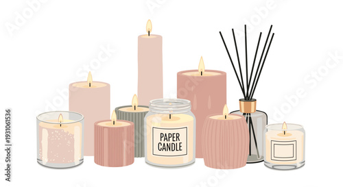 Various scented candles in glass jars and ceramic pots are arranged together with aroma sticks for complete relaxation.