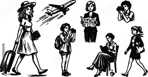 Hand drawn line art travel characters woman with suitcase walking child photographing tourist reading map seated woman walking in dress