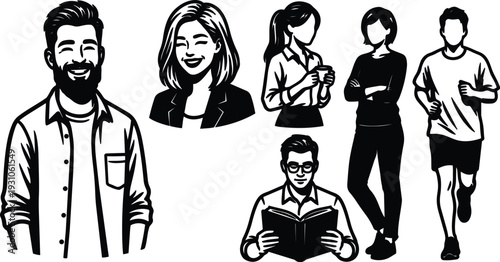 Line art vector set of diverse people portraits and full body poses smiling reading jogging holding coffee modern editorial friendly