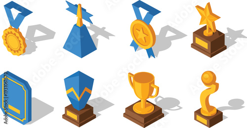 Set of isometric gold award trophies and winner medals featuring blue ribbons stars and shields isolated on white background for achievement and success