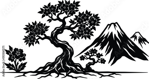 Sumi e style silhouette of bonsai tree with blooming cherry blossoms and mount fuji in background low angle composition dramatic