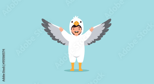 Happy child wearing a white bird costume with gray wings spreads their arms wide against a bright blue background.