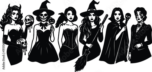 Tattoo flash gothic witches lineup holding skulls broom and raven in retro vector silhouette with contrast closeup angle moody