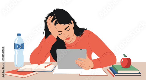 Exhausted female student rests her head on her hand while studying with a tablet and books at a cluttered desk at home.