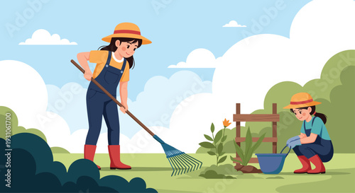 Two young female gardeners working together in a backyard raking leaves and tending to new plants during a sunny day.