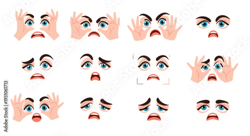 Grid of several pairs of expressive cartoon eyes showing different emotions like fear, shock, and surprise in a simple style.