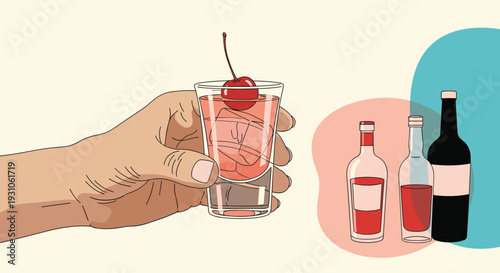 Hand holding a refreshing pink cocktail with a cherry garnish next to various liquor and wine bottles for a party theme.
