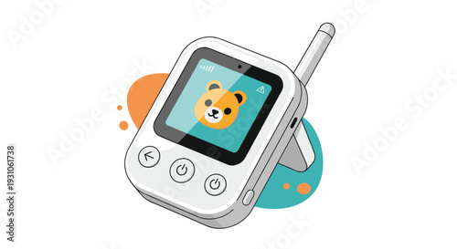 Modern digital baby monitor device with a cute bear face on the screen and an antenna for nursery safety and security.