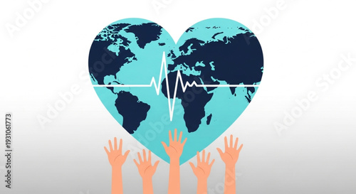 World Health Day Global health awareness Hands reaching up to a heart-shaped Earth with a pulse line, symbolizing care and support for worldwide well-being and medical assistance