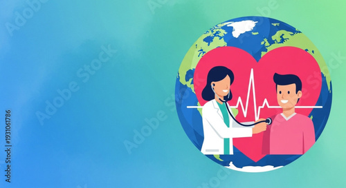World Health Day Global Heart Health Awareness Doctor Examining Patient on World Map Background for Preventive Medical Care and Wellness Promotion