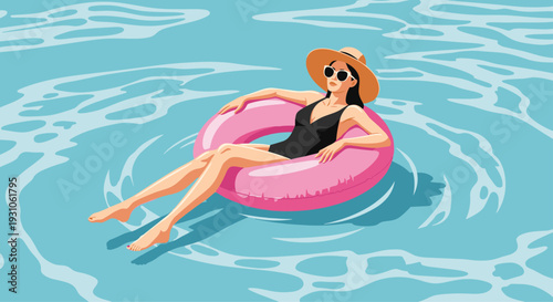 Stylish woman wearing a sun hat and swimsuit relaxing on a pink floatie in a swimming pool on a warm summer afternoon.