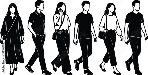 Minimalist vector line art side view group of walking people pedestrians in casual clothes close up low angle monochrome silhouette