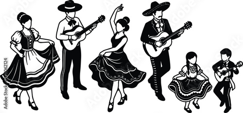 Mexican folk dance silhouette vector art dancers with guitars women in flowing skirts and men in sombreros performing on stage
