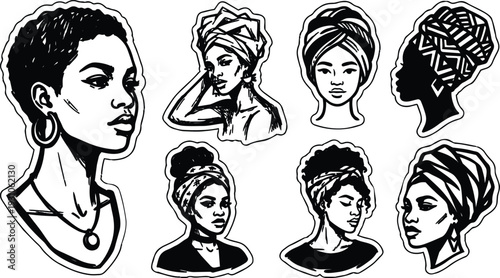 Tattoo flash black and white portrait stickers of women with headwraps hoop earrings side profiles looking away confident expressions stylized