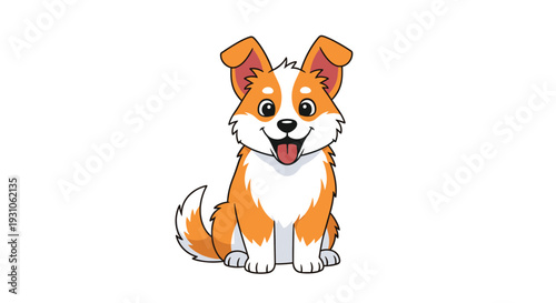 Cheerful and cute cartoon dog with orange and white fur sitting down and smiling with its tongue hanging out.