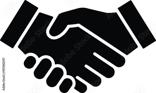 Business handshake icon, partnership agreement symbol, collaboration trust deal, corporate teamwork concept, black silhouette vector isolated on white background design
