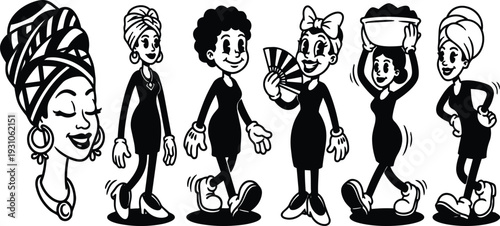 Retro cartoon fifties inspired vector strip showing six women characters walking smiling with headwrap fan and bowl carrying profile scene