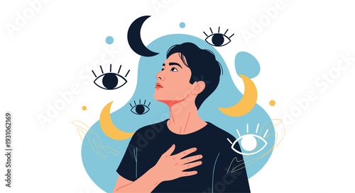 Surreal illustration of a man looking upwards surrounded by floating crescent moons and multiple symbolic eyes.