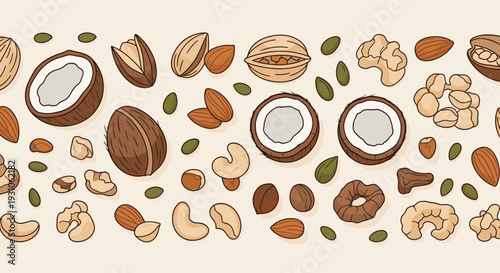 Decorative border arrangement made of various whole and halved nuts including coconuts, walnuts, and almonds.