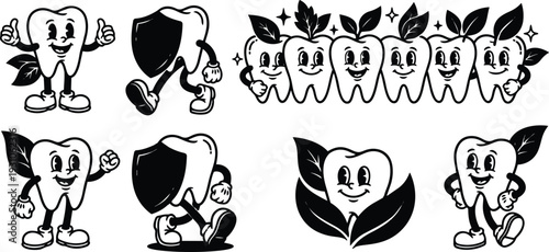 Tattoo flash tooth mascot set showing smiling walking shield and leaf characters in retro cartoon lineup for dental branding vector