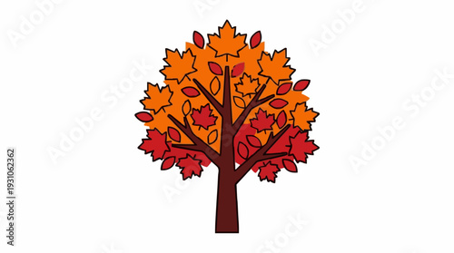 Autumn Tree With Red Orange And Yellow Leaves On White Background