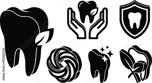 Minimalist dental icon set with leaf motifs showing tooth shield hands sparkling enamel and dental swirl icons in flat vector
