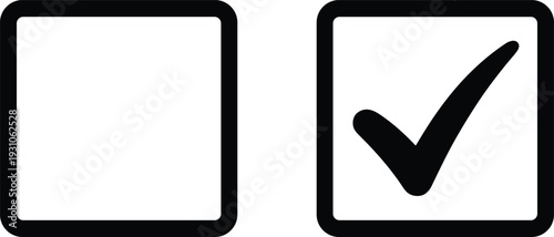 Checkbox icon set, empty and checked box symbols, selection interface concept, yes confirmation sign, user choice control, minimal flat vector design