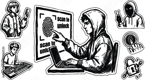 Line art hacker scene with fingerprint scan and hooded laptop user touching screen surrounded by sticker portraits small padlock icon